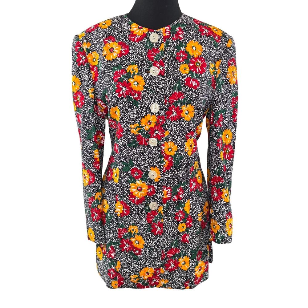 VTG Mondi Multi Jacket Blazer Floral Gathered Shoulder Casual Button-Up Size 38
